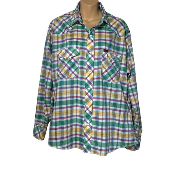 VTG Wrangler Shirt Womens Large USA Long Sleeve Pearl Snap Western Plaid Ranch - Picture 1 of 13